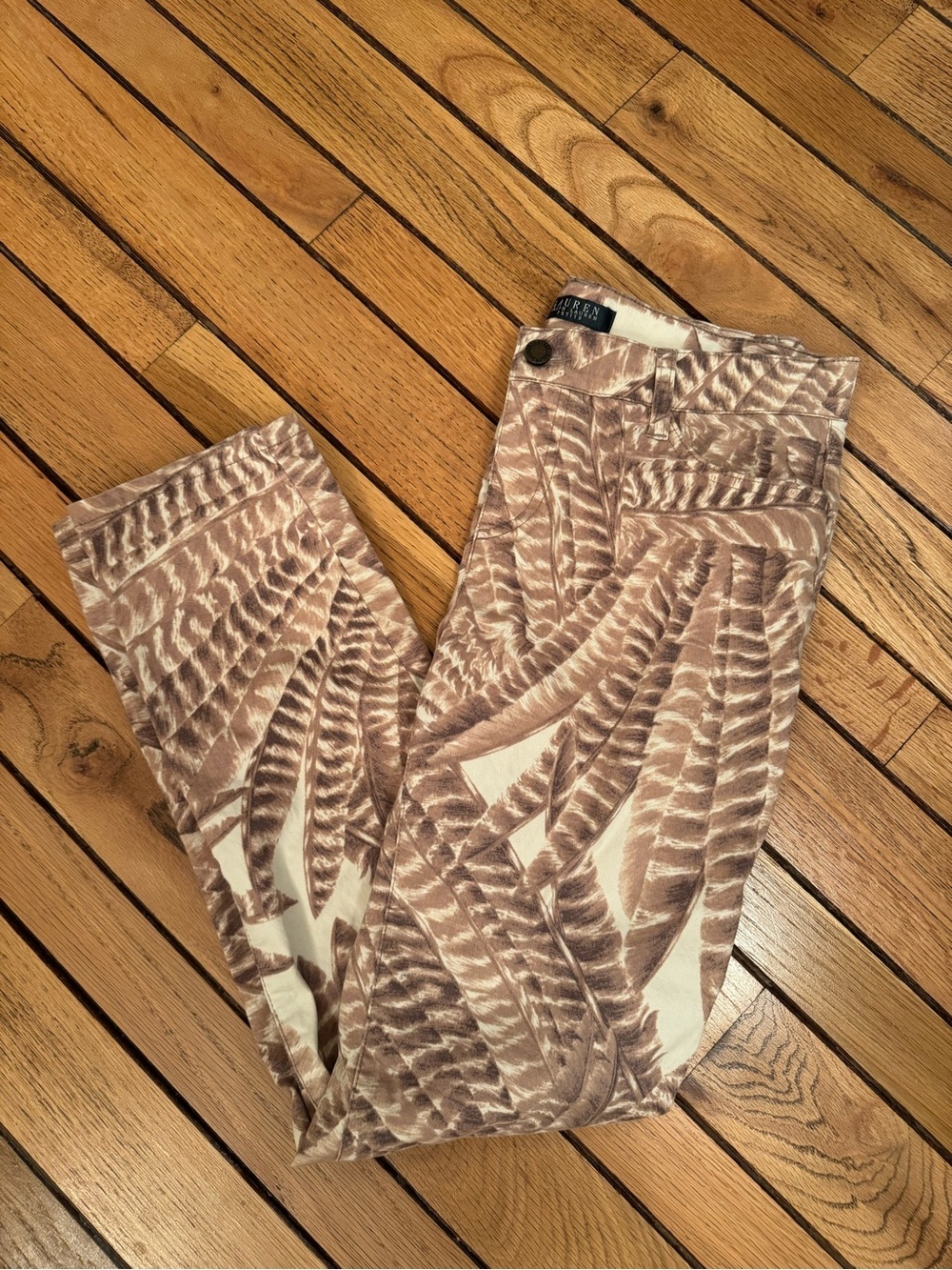 Ralph Lauren Beige and Brown Feather-Print Pants
